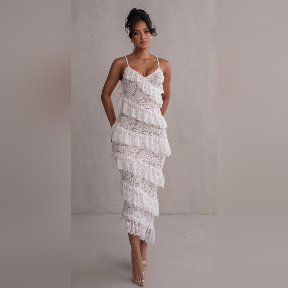 JLUXLABEL Elegant White Lace Tiered Ruffle Dress. NWT!!